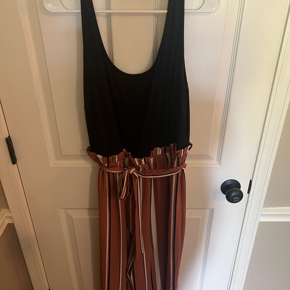 As U Wish Black and Blush Jumpsuit with Striped Wide-Leg Pants